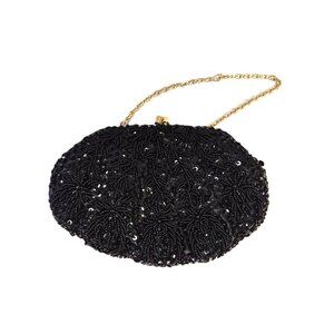 VTG Black Beaded & Sequin Evening Purse • Hong Kong • Floral Clutch Midcentury